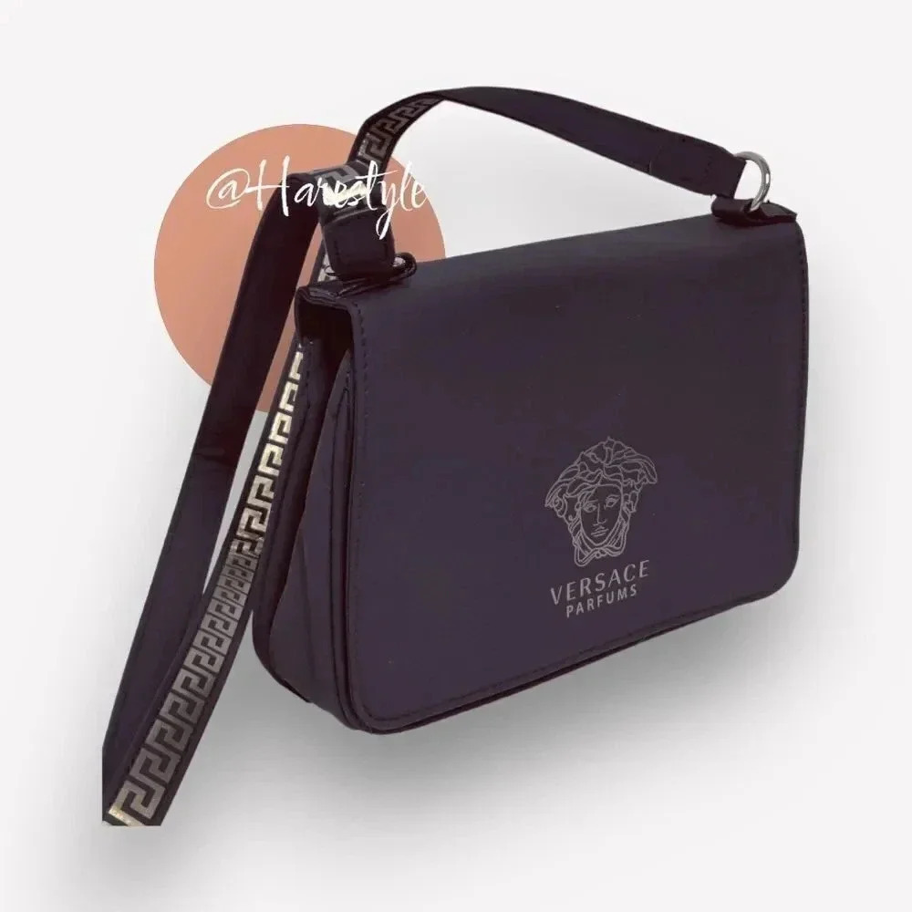 Versace Perfumes expandable black logo shoulder bag